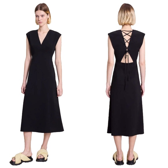 NEW A.L.C. Amelie BLACK Cotton V-NECK Lace-Up Back MIDI DRESS 4 - Picture 1 of 16